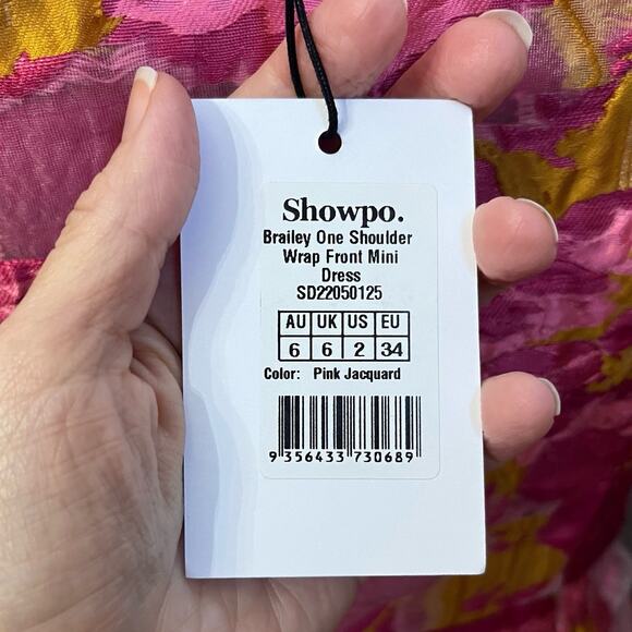 Showpo Brailey Mini Dress Sz 2 One Shoulder Wrap Front Floral Coquette Jacquard - Picture 7 of 12